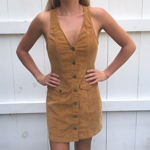 Mustard yellow/light brown v neck velvet dress